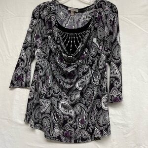 Roz & Ali Purple Paisley Tunic – Studded Drape Neck 3/4 Sleeve Blouse